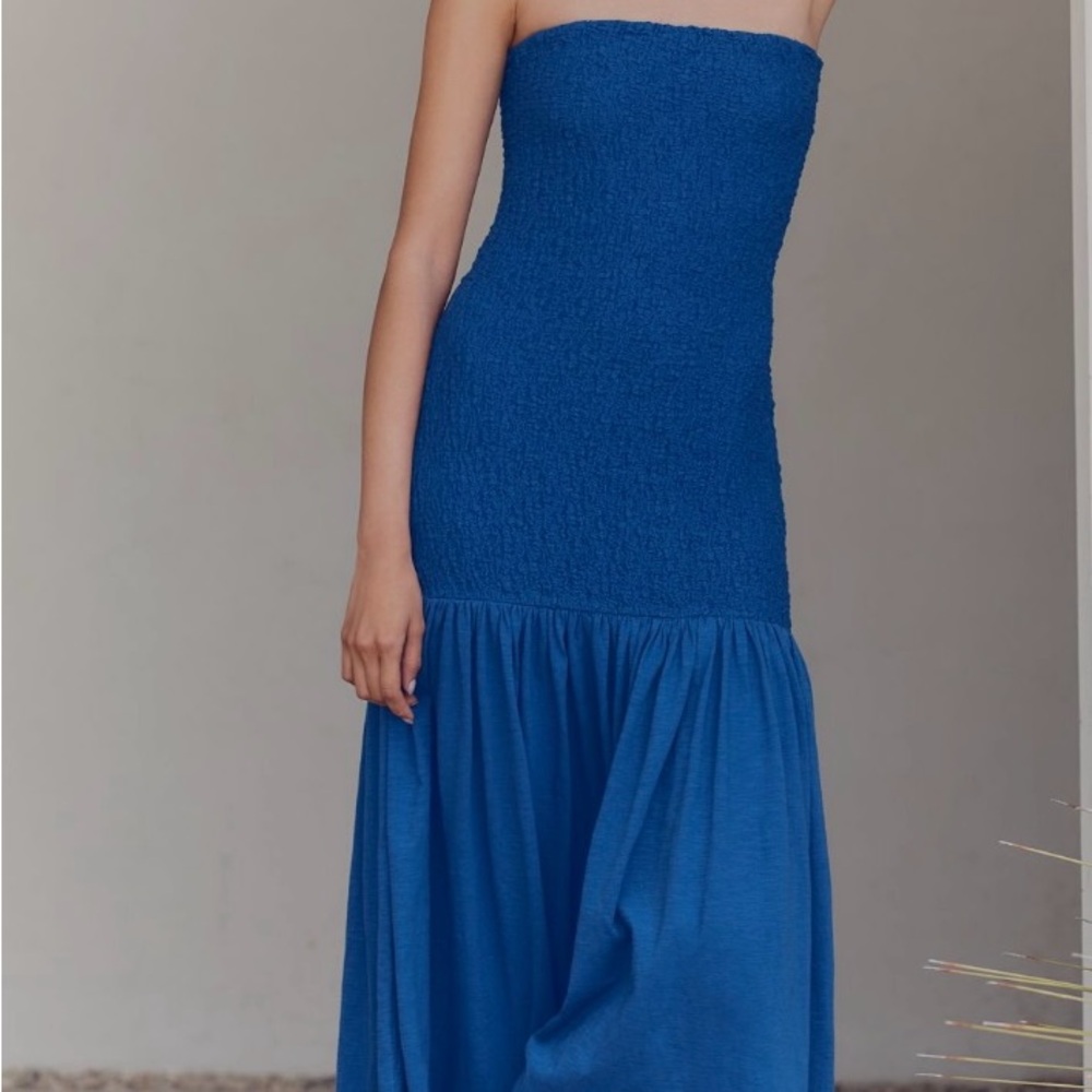 NWT Anthropologie XL $118 Popcorn Midi Blue Strapless Dress